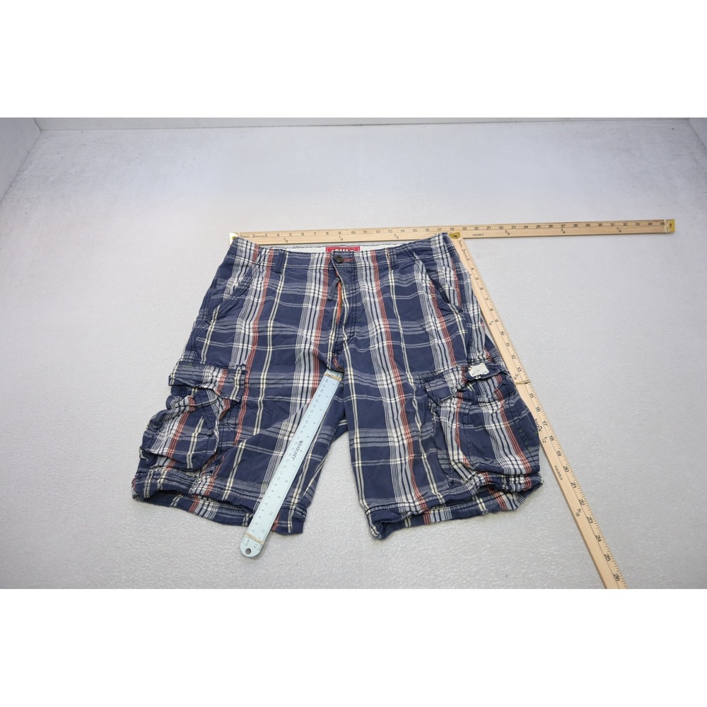 Levis Cargo Shorts Mens 36 Blue Plaid Utility Multi Pocket Cotton Fair